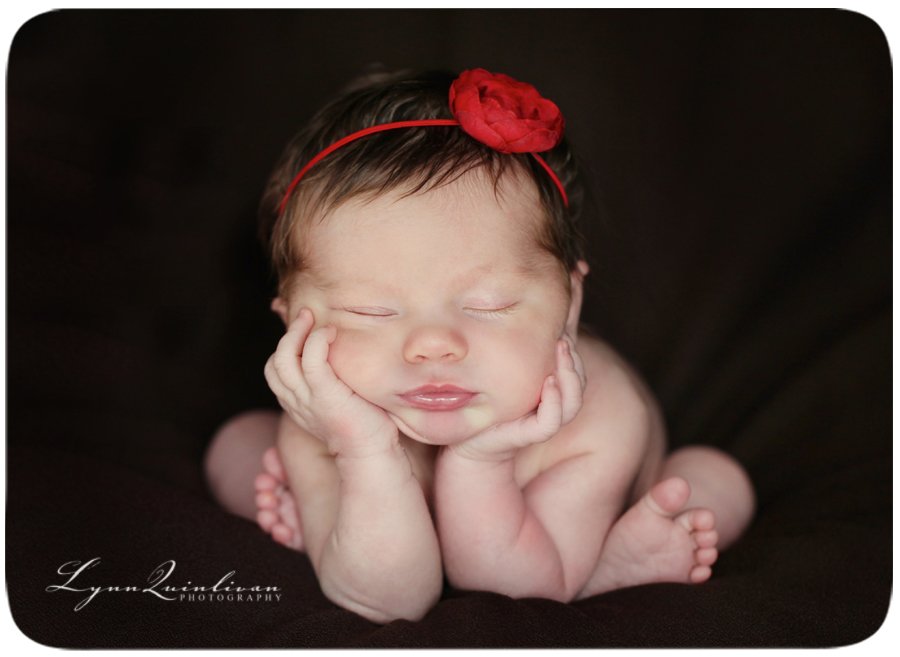 Massachusetts Newborn Portrait Photographer Head in Hands Baby Girl with headband